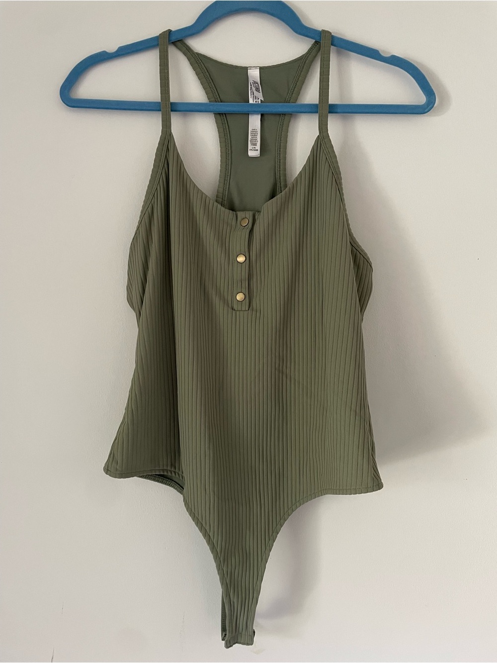 Victoria Sport Sage Olive Green Ribbed Henley Racerback Bodysuit Large